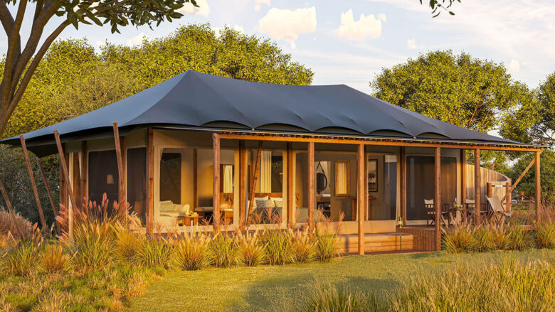 Exterior view of a luxury tent at Little Enkewa, blending refined design with the natural surroundings of the Masai Mara.