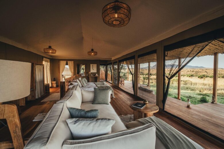 Private lounge at Little Enkewa, independent luxury safari tent in the Masai Mara overlooking the African savannah