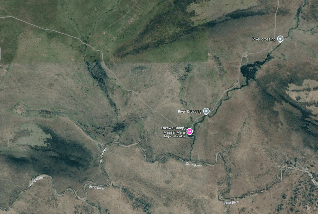 Aerial satellite map showing Enkewa Camp's secluded position near the Sand River and Great Migration river crossing points in the Masai Mara.