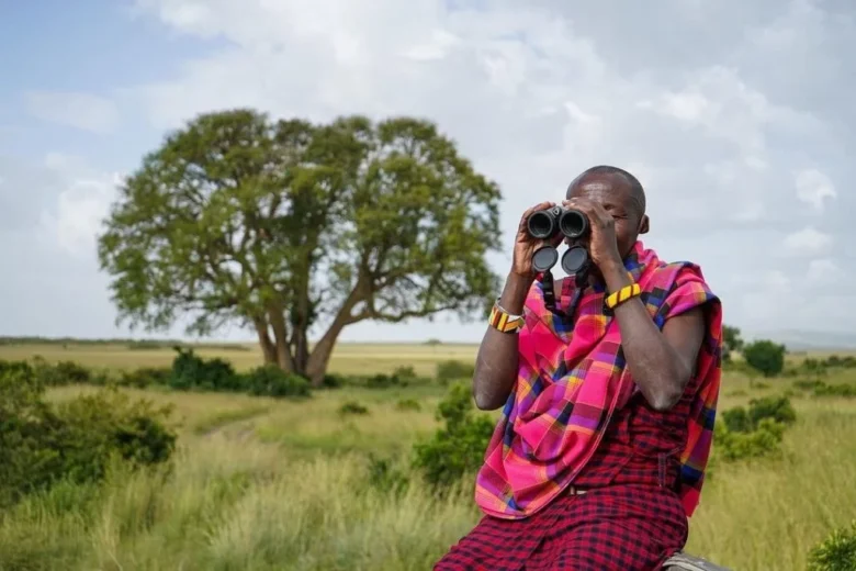 A Maasai guide in traditional red shuka using binoculars to track wildlife on the open savannah near Enkewa Camp.