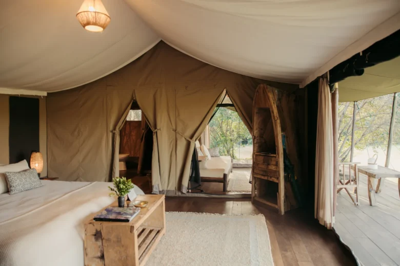 Double tent at Enkewa Camp – bedroom opening onto the private veranda