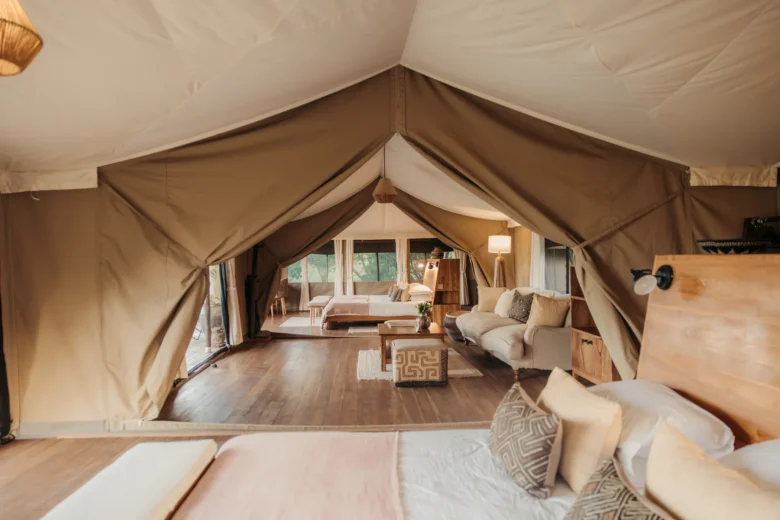 Family tent at Enkewa Camp – view through the lounge to the second bedroom