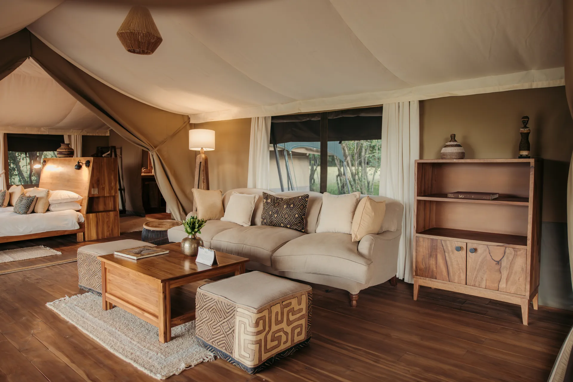 Family tent at Enkewa Camp – central lounge with sofa and armchairs