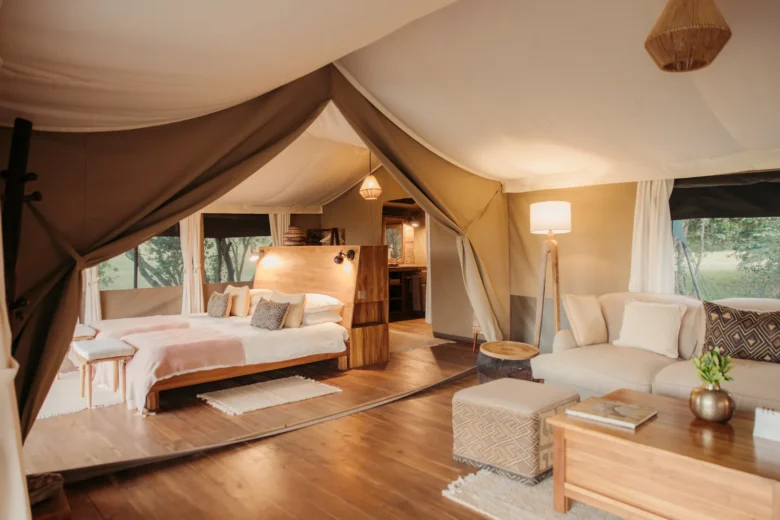 Family tent at Enkewa Camp – lounge with the main bedroom beyond