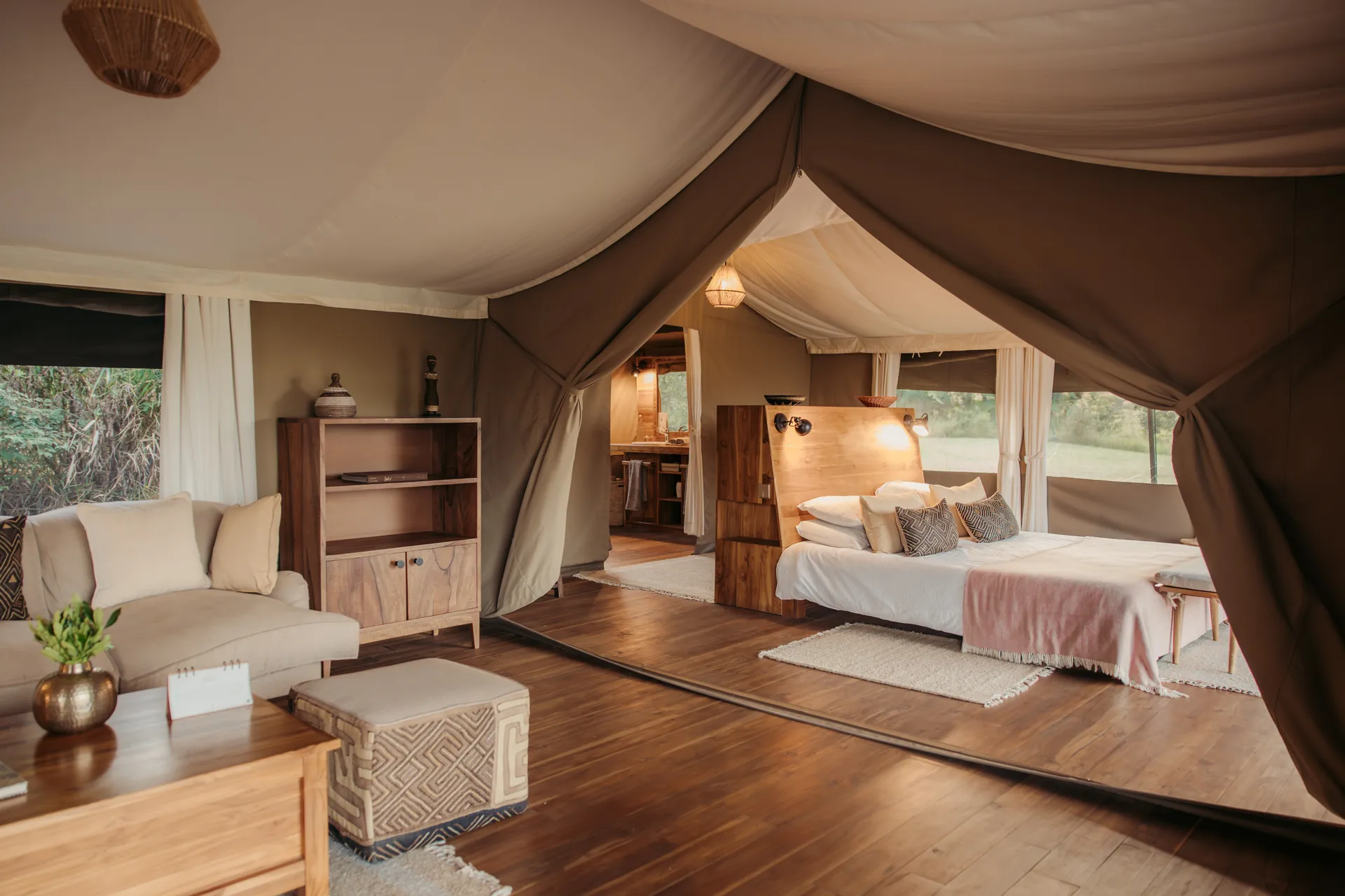 Family tent at Enkewa Camp – lounge and bedroom under the canvas roof