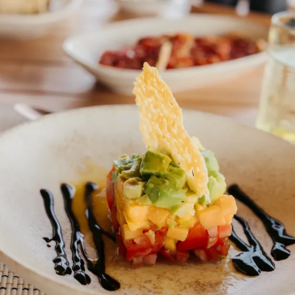 Mediterranean-inspired starter at Little Enkewa – tomato and avocado tartare with a parmesan crisp