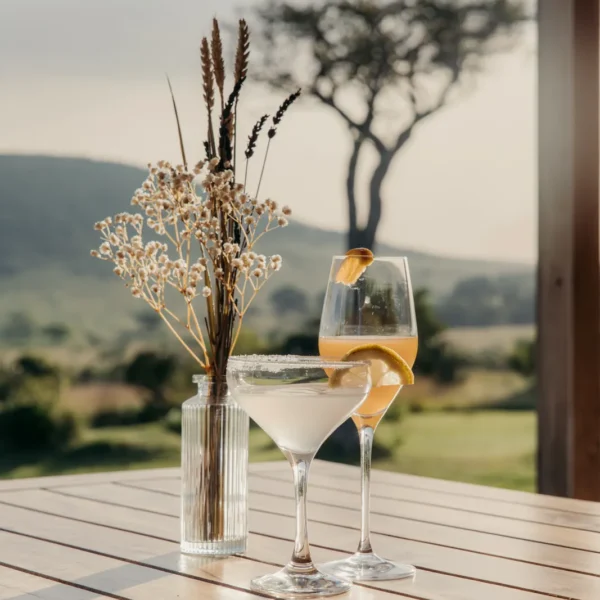 Glass of white wine on the deck at Little Enkewa overlooking the plains